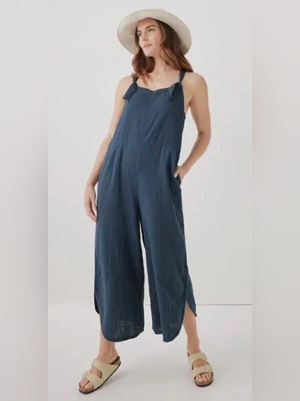 Pact Navy Tie-Strap Wide-Leg Romper